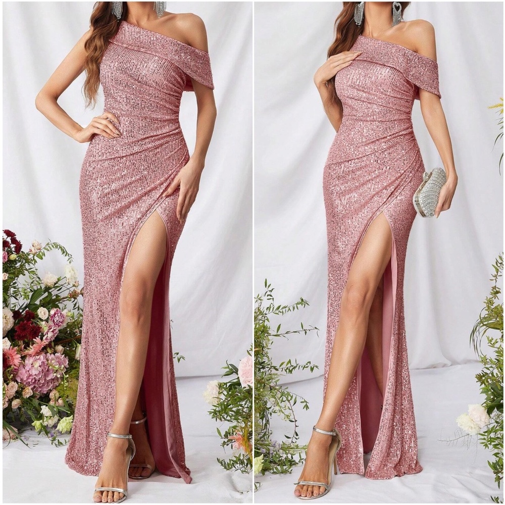 Luxe Dusty Pink One Shoulder slit thigh party formal Evening sequins dress - Picture 8 of 8